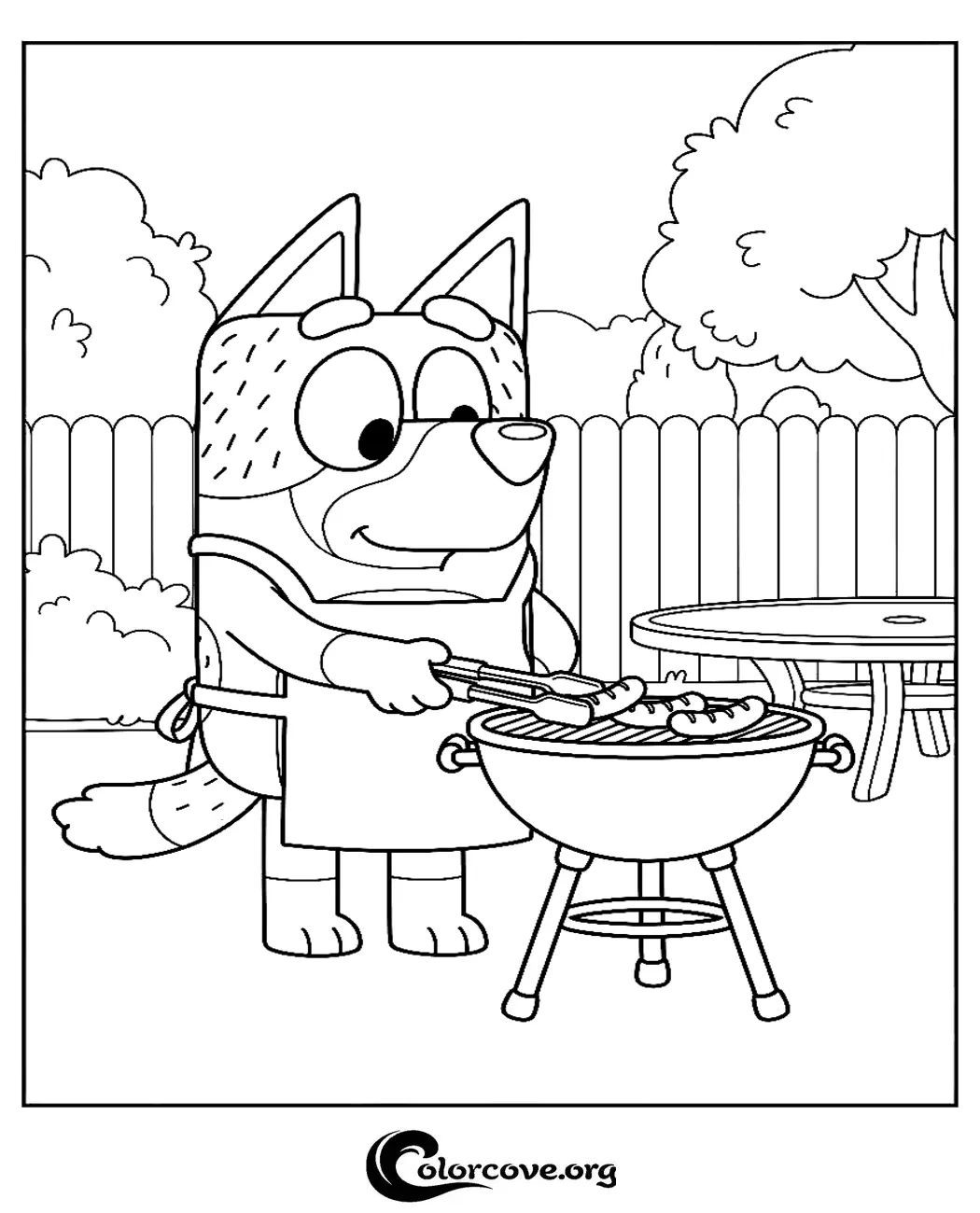 Join Bluey for a backyard barbecue with this fun and free printable coloring page. Simply download and print this adorable scene of Bluey cooking sausages to enjoy hours of creative coloring fun.