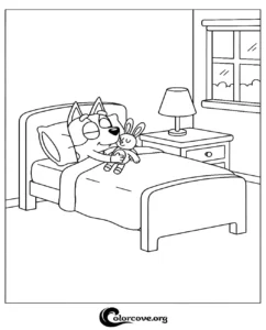 Bluey resting in bed holding her stuffed rabbit toy Floppy in this printable coloring page for kids.