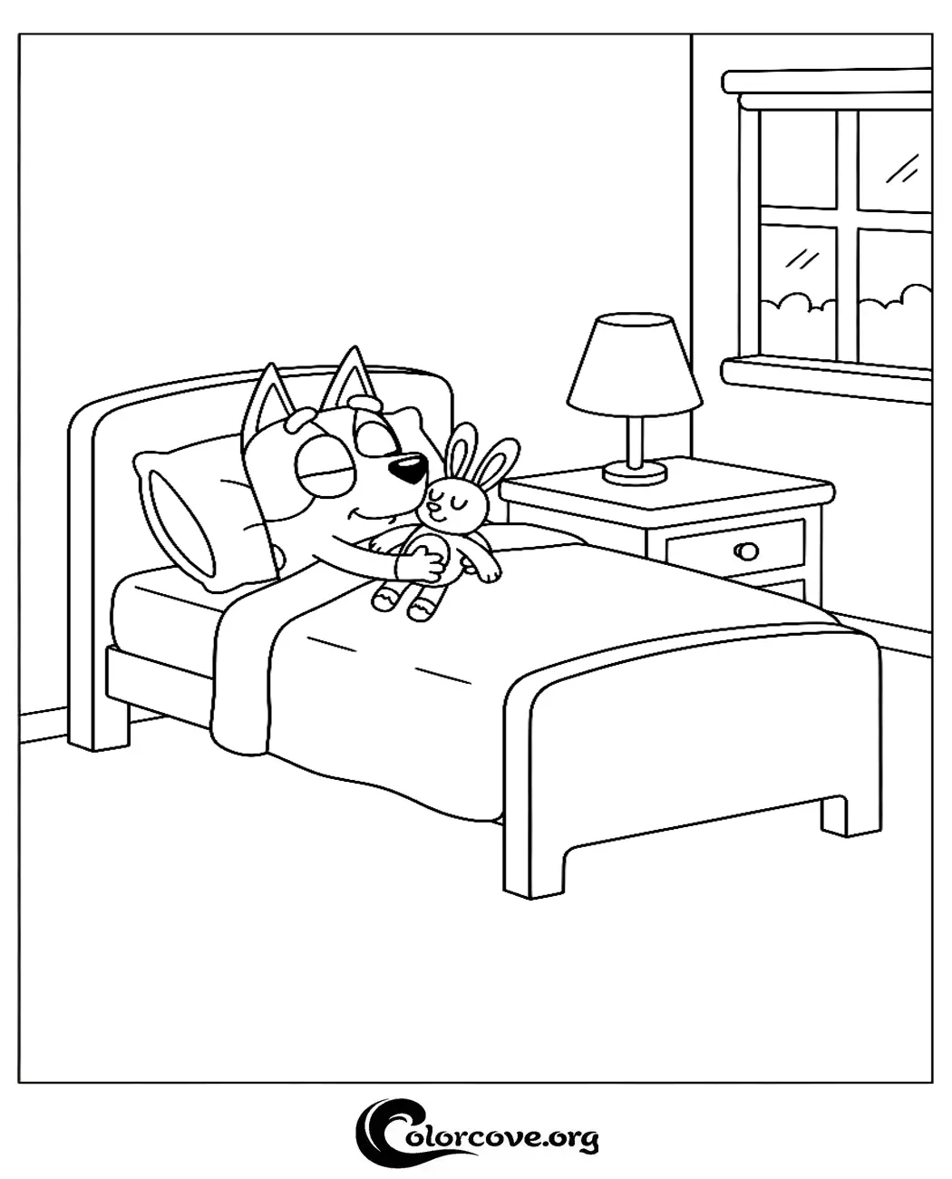 Bring this sweet scene of Bluey cuddling with her favorite toy to life with your own colors. Download and print this free, easy-to-use Bluey coloring page in seconds for hours of creative fun.