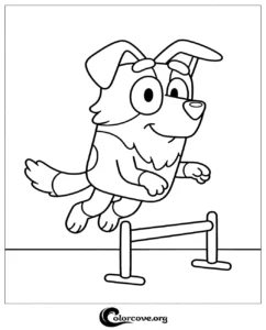 Bluey the Heeler puppy jumping over an agility hurdle in a fun, printable black and white coloring page for kids.