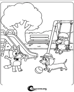 Bluey, Snickers, and Coco playing at the park coloring page featuring a slide and swing set for kids to print and color