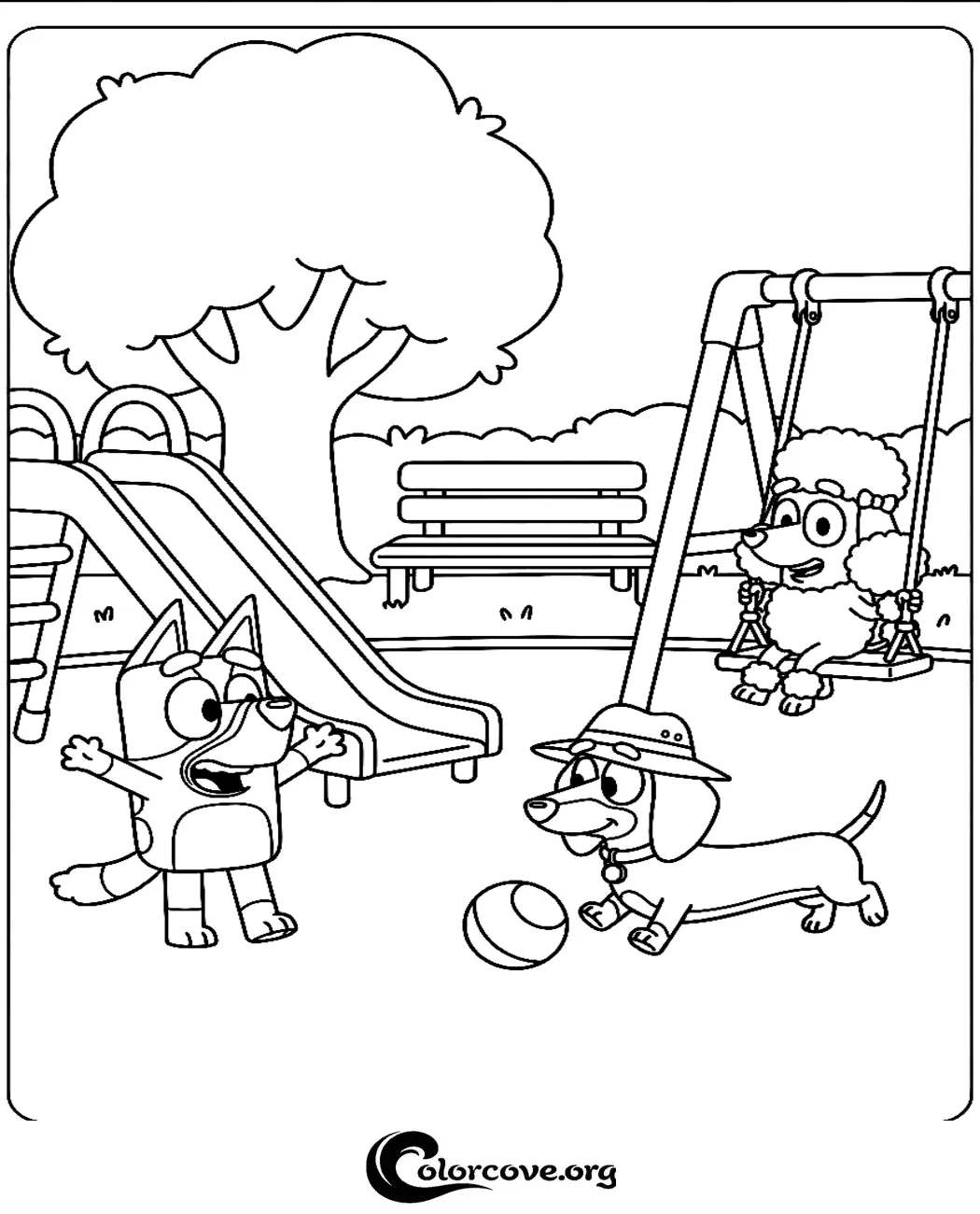 Bring the fun of the playground home with this delightful Bluey coloring page featuring Bluey, Snickers, and Coco. Simply print this free activity sheet in seconds for hours of creative fun for your little one.