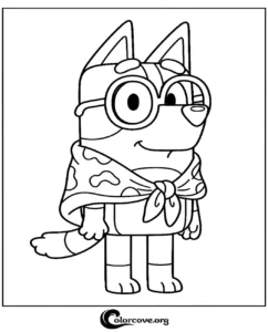 A fun and easy printable coloring page of Bluey Heeler wearing glasses and a spotted scarf for kids.