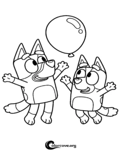 A printable coloring page featuring Bluey and Bingo Heeler from the popular TV show playing with a balloon in black and white line art.