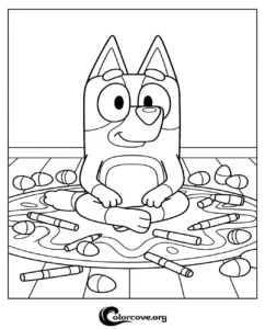 A printable Bluey coloring page featuring the adorable Blue Heeler sitting on the floor surrounded by colorful markers and scattered eggs.