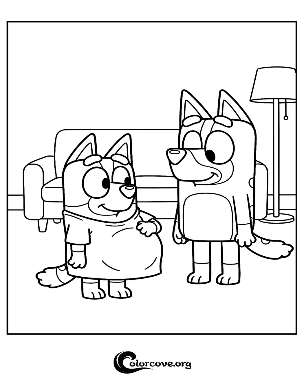 Bring the fun of Bluey to life with this delightful coloring page featuring Bluey and Bingo playing house. Simply download and print this free activity for instant creative fun at home.