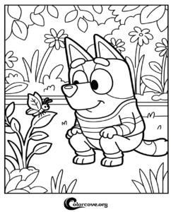 A printable Bluey coloring page showing the character Bluey crouching in a garden to look at a butterfly on a leaf.