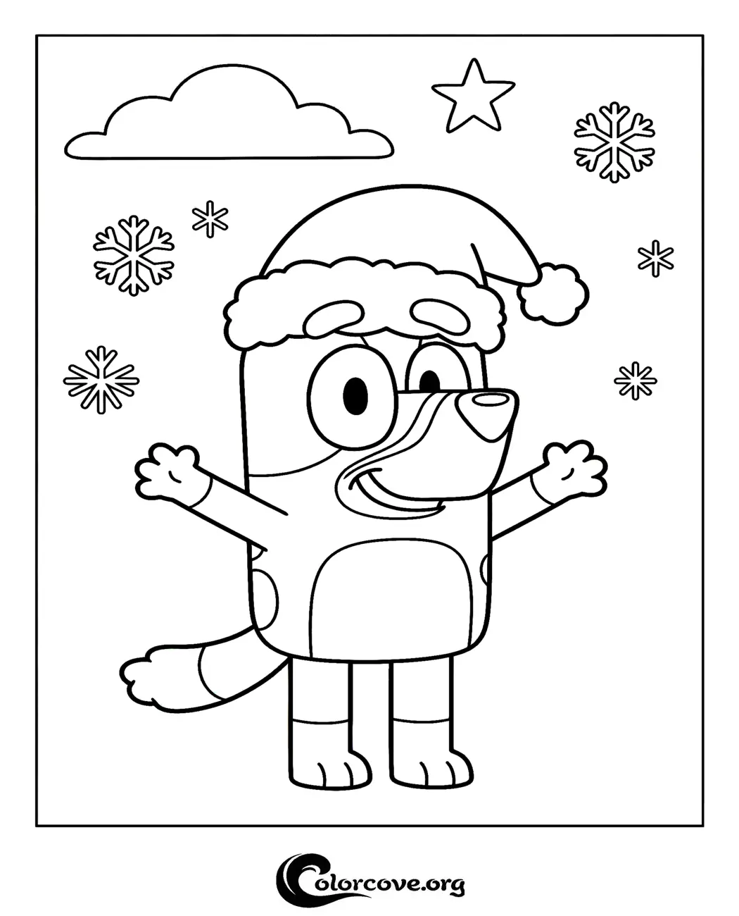 Celebrate the holidays with this adorable Bluey Christmas coloring page featuring the beloved puppy in a Santa hat. Download and print this fun winter activity for your little one in seconds!