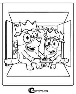 Bluey and Bingo wearing paper crowns and playing inside a cardboard box spaceship or car, free printable coloring page for kids.