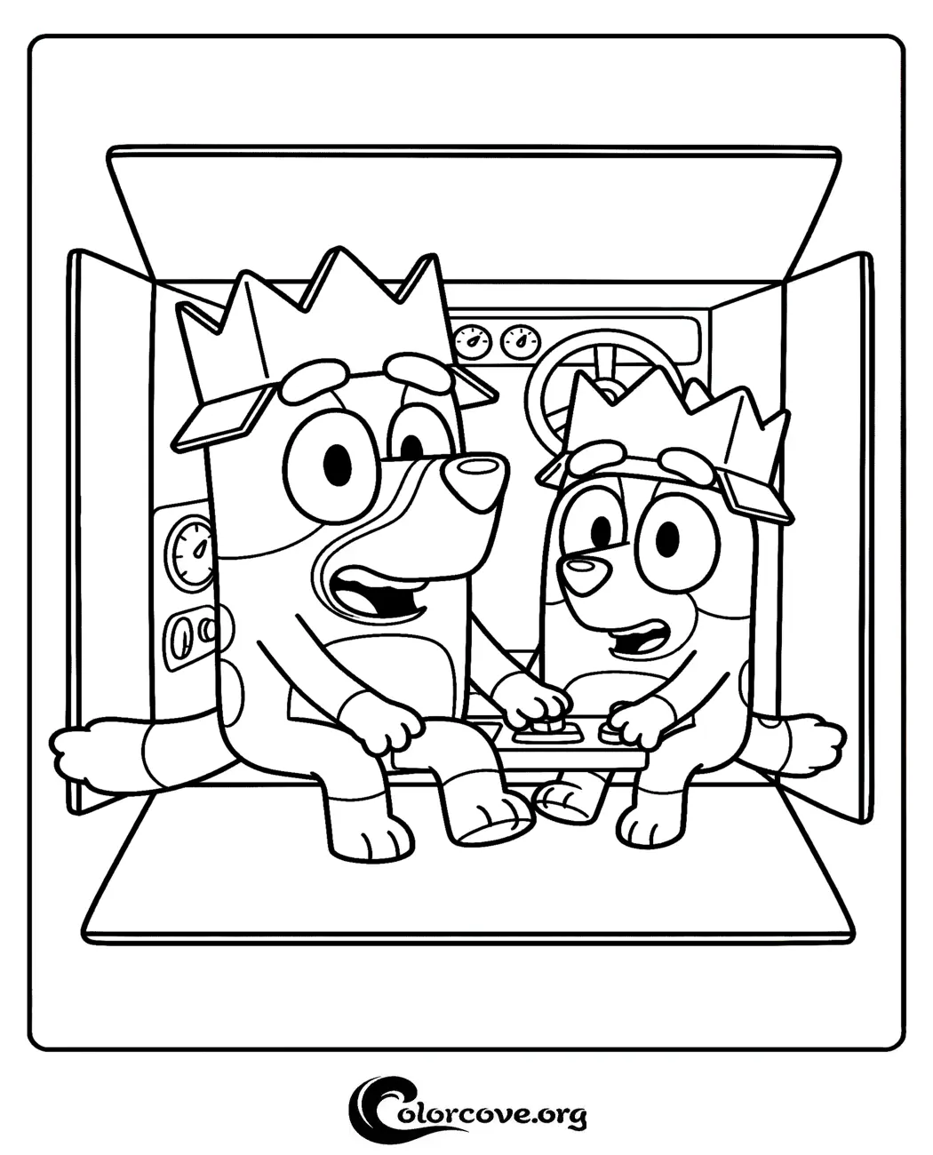 Join the fun with this adorable Bluey and Bingo coloring page featuring the sisters playing pretend in a cardboard box. Download and print this high-quality coloring sheet for free in seconds to keep your little ones entertained.