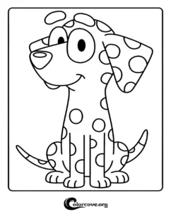 A friendly black and white line art drawing of Chloe from the show Bluey, featuring her signature spots for kids to color.