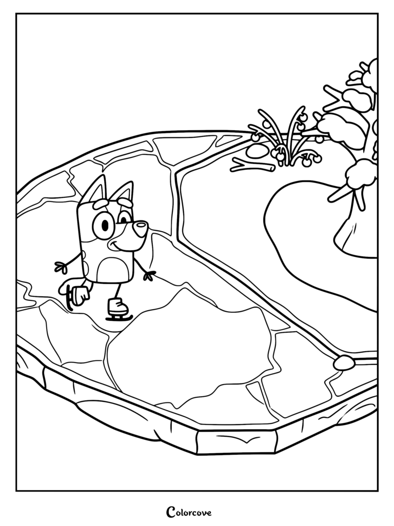 Bluey happily ice skating on a frozen pond in a winter landscape coloring page, featuring snowy trees and cracked ice textures.