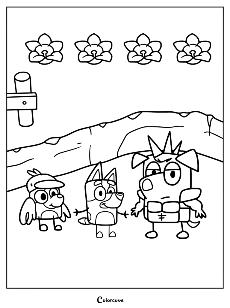 A printable coloring page featuring Bluey standing between Bingoose, who wears a bird hat, and the armored King Goldie Horns, with four flowers above them.