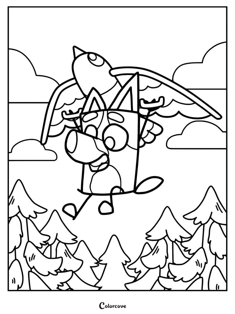 Bluey soaring through the air using a hang glider above a forest, printable coloring page for kids.