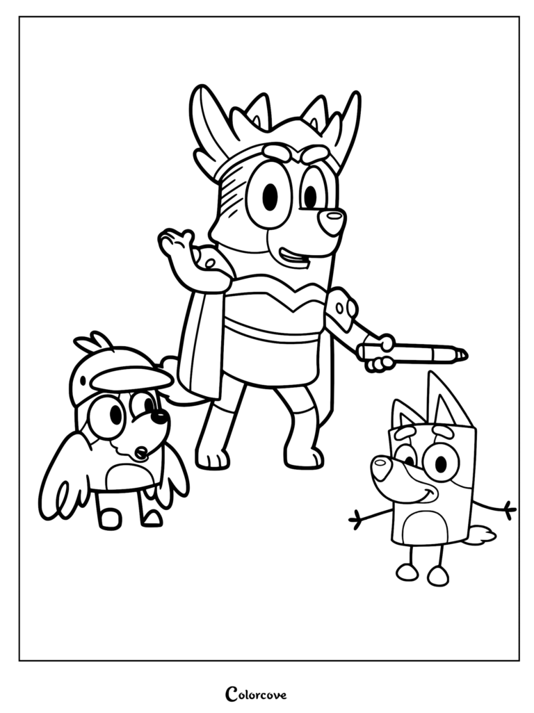 A line art coloring page featuring Creator of Worlds standing with a marker, alongside Bingoose in a bird costume and Bluey waving.