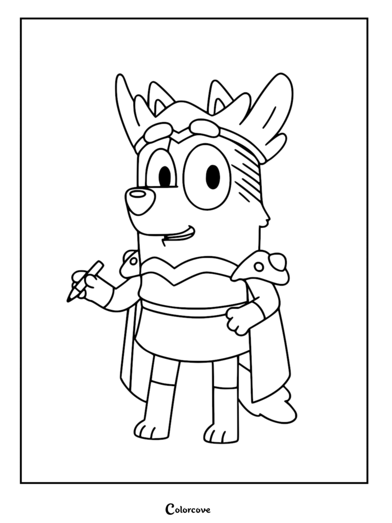 A line art coloring page of the Creator of Worlds character, wearing a royal crown and cape, holding a magical drawing pen.