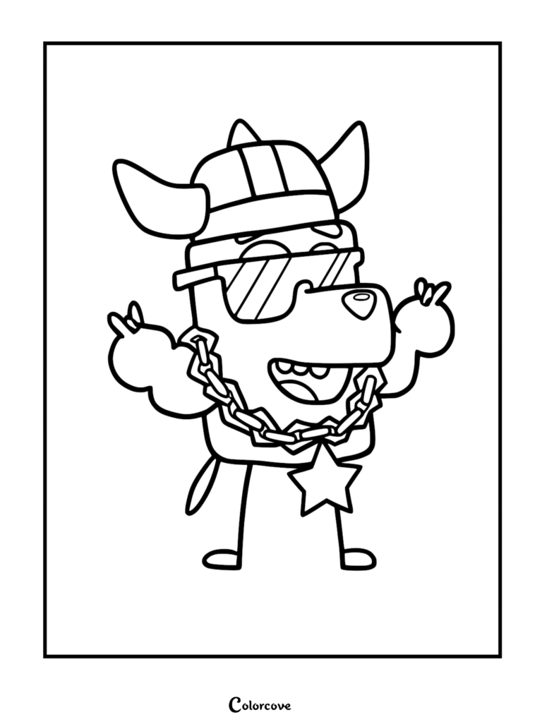 King Goldie Horns wearing a horned helmet, sunglasses, and a star necklace, printable coloring page for kids