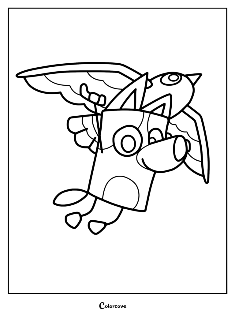 Bluey wearing feathered wings in a mid-air pose from Blueys Quest For The Gold Pen, perfect printable coloring page for children.