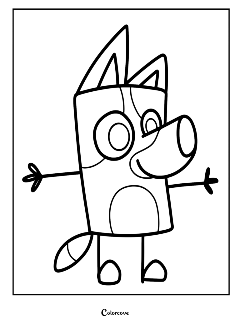 A simple, bold outline of Bluey with her arms spread wide in a happy pose, perfect for a printable coloring page.