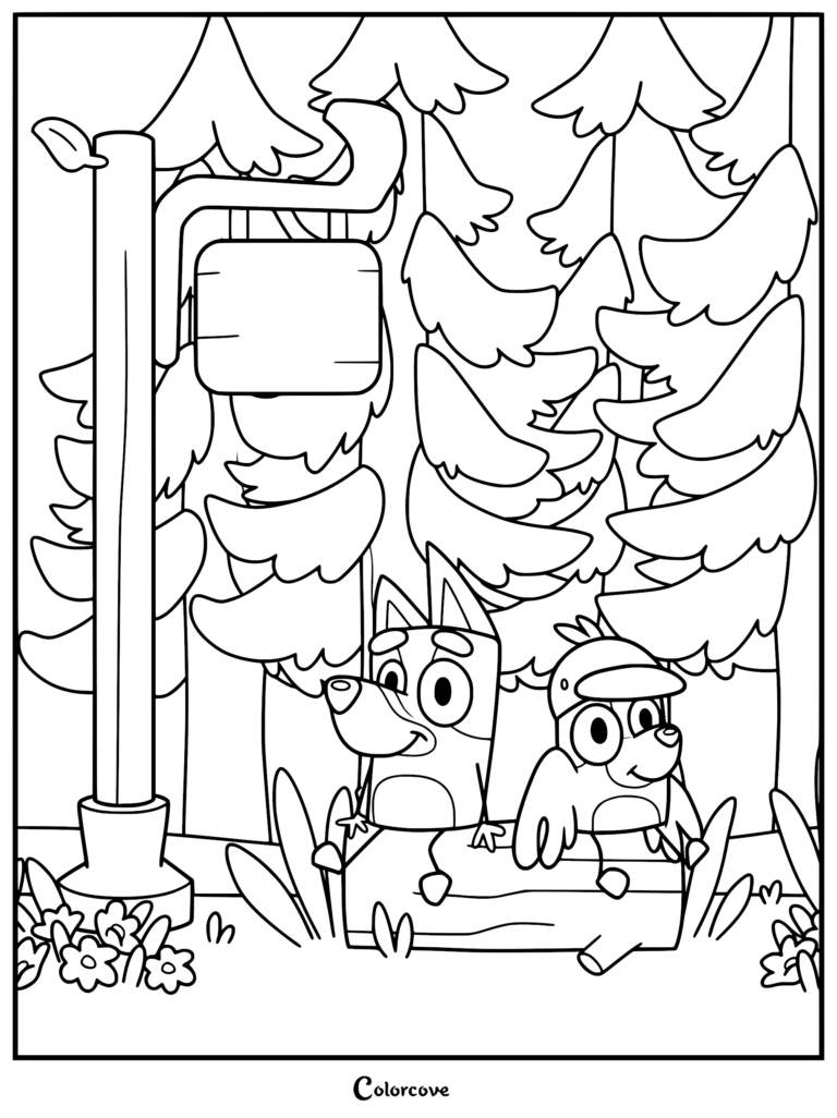 A printable coloring page featuring Bluey and Bingoose sitting on a log together in a stylized forest near a wooden signpost.
