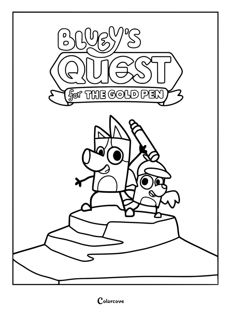 A line art coloring page featuring Bluey and Bingoose standing on a cliff with the Gold Pen, beneath the Bluey's Quest for the Gold Pen title logo.