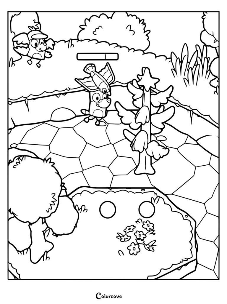 A printable coloring page featuring Bluey wearing wings and Bingoose soaring above in a magical garden setting with hexagonal tiles and flowering trees.