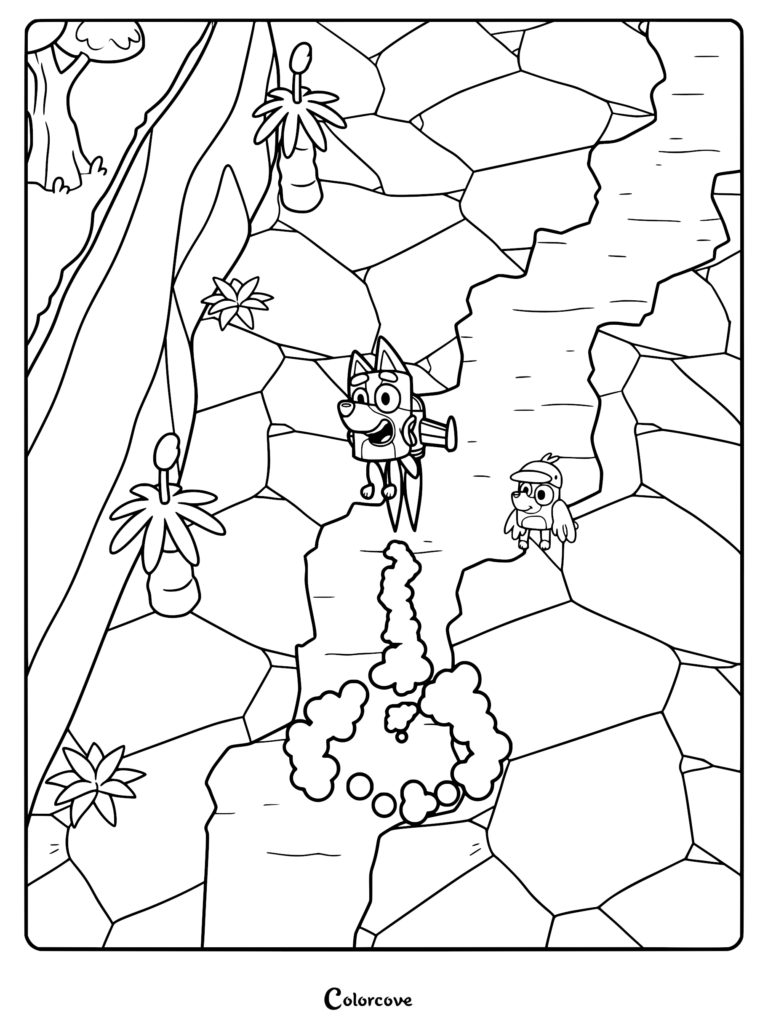 Bluey wearing a jetpack flying over rocky terrain while Bingoose walks beside her in a printable coloring page scene.