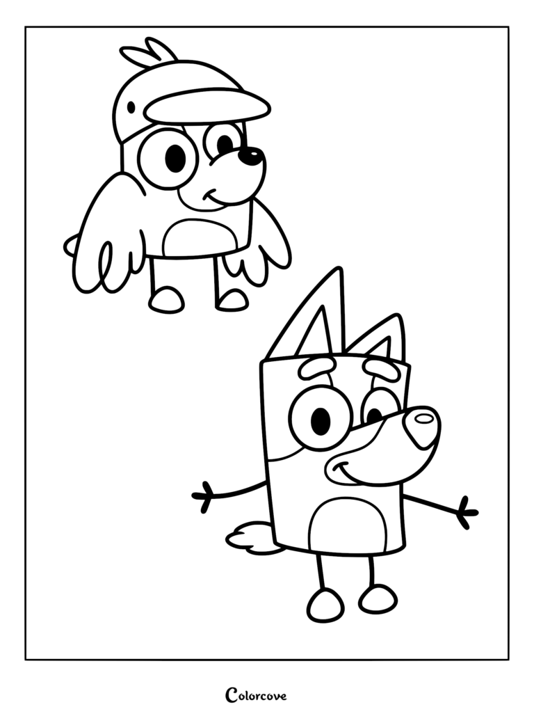 A printable coloring page featuring Bluey and her sister Bingoose from Bluey's Quest For The Gold Pen, line art style.