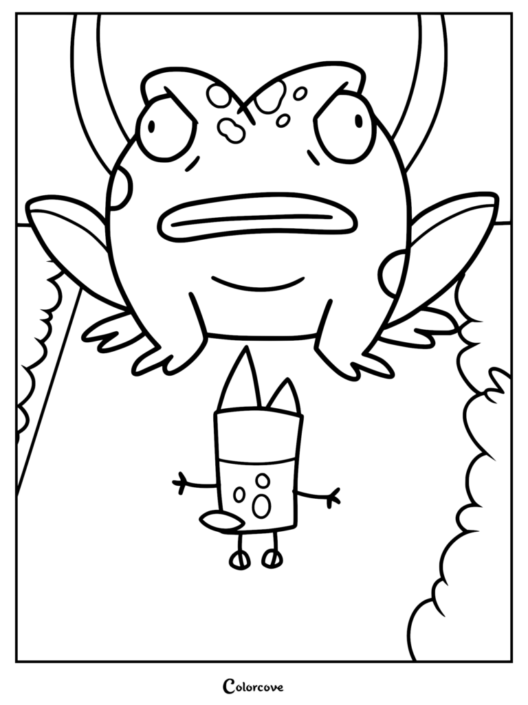 A printable coloring page featuring Bluey standing in front of a massive, goofy-looking frog obstacle from Blueys Quest For The Gold Pen.