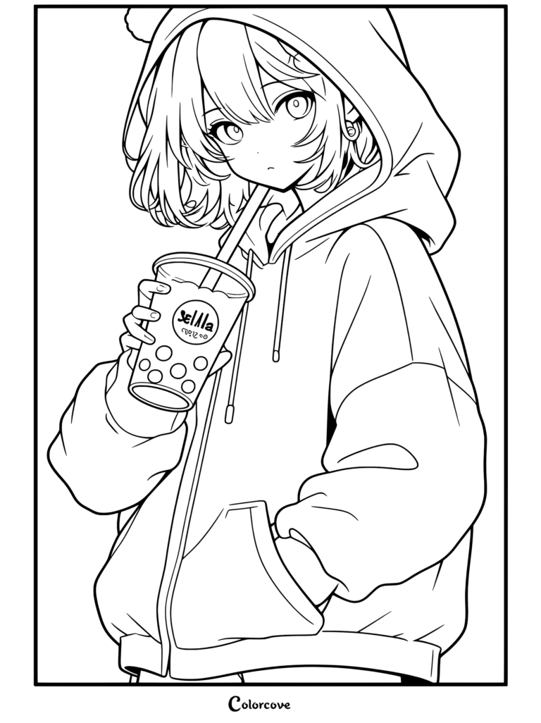 Dibujo para colorear de una chica anime con pelo azul claro y ojos rosas, con sudadera blanca en tonos pastel mientras bebe té de boba sobre un fondo rosa.