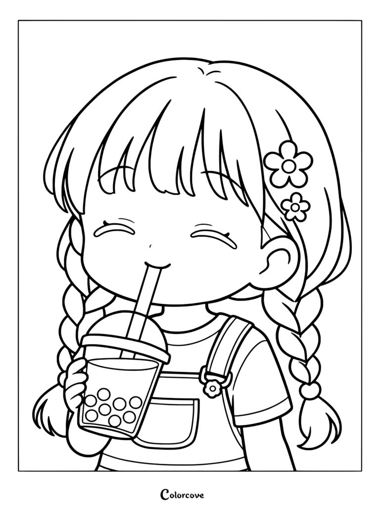 Un dibujo para colorear imprimible de una linda chica anime de pelo castaño bebiendo té con leche de boba, con una pinza de flor y peto azul.