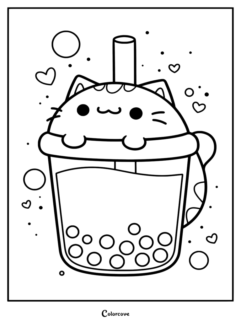 Un dibujo para colorear imprimible con un tierno peluche de gato atigrado marrón sentado dentro de un vaso de té con leche de boba con pajita y perlas de tapioca.