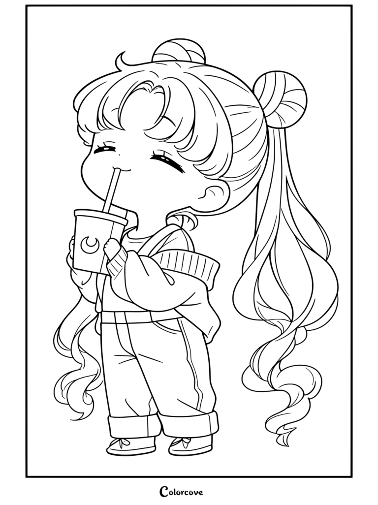Dibujo para colorear de una linda chica anime chibi con moños rubios bebiendo té de boba, con peto azul y chaqueta rosa.