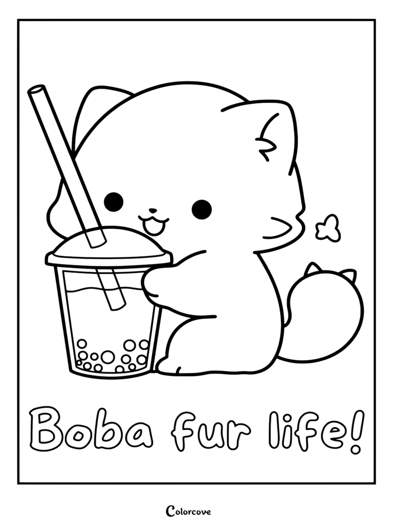 Dibujo para colorear para niños y adultos de un lindo gato gris bebiendo té de boba con pajita y el texto «boba fur life».