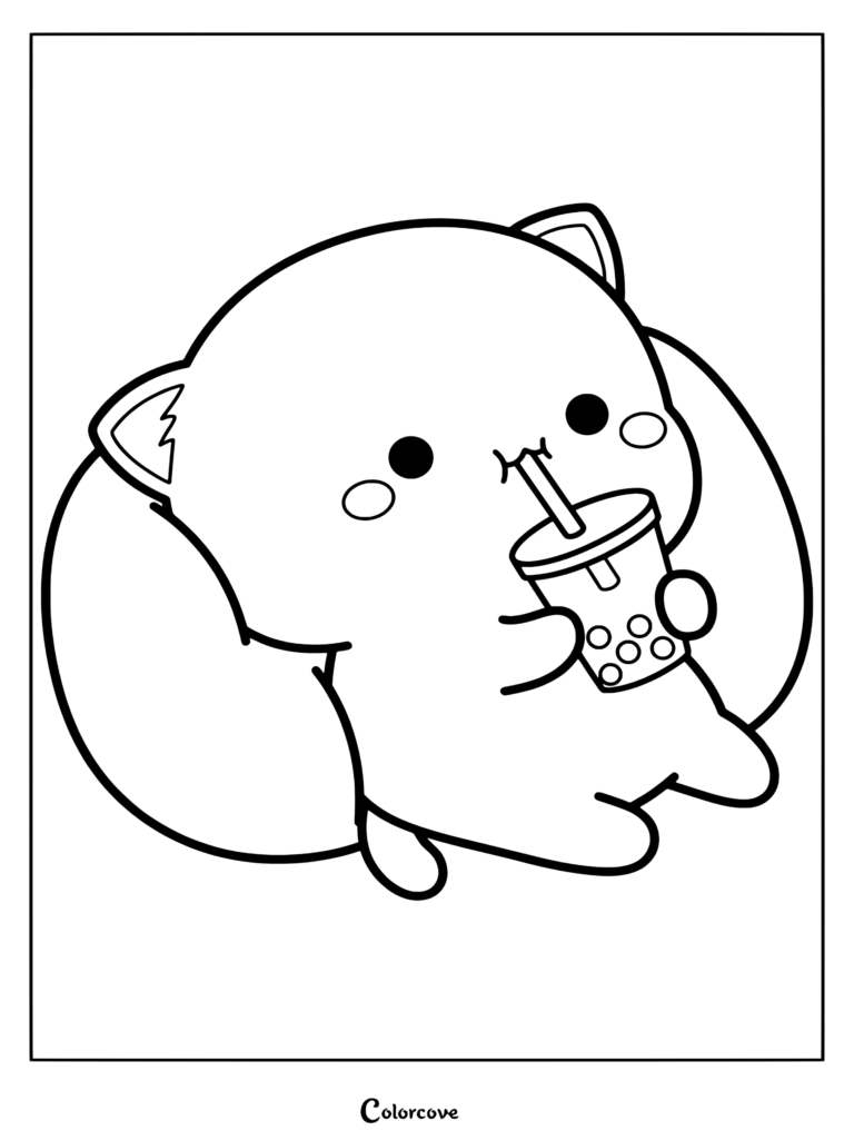 Dibujo para colorear de un lindo gato gris relajándose en un cojín blanco y bebiendo té de boba con pajita.