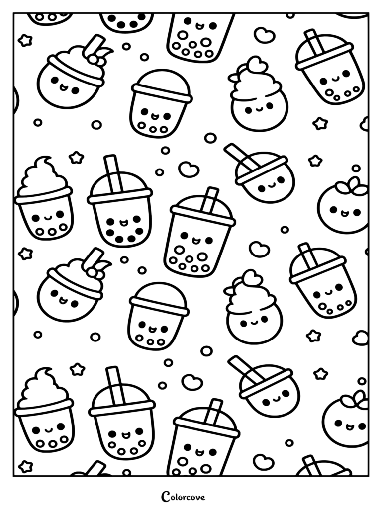 Dibujo para colorear para niños con un patrón de tiernos vasos kawaii de té de boba con caritas felices, perlas y nata montada.