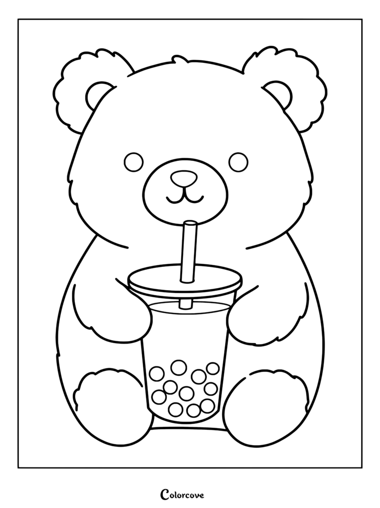 Un dibujo para colorear imprimible de un tierno osito animado marrón claro bebiendo té de boba con perlas de tapioca y pajita.