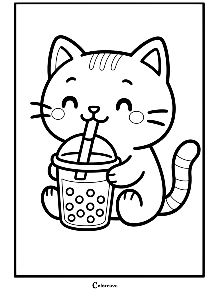 Dibujo para colorear con una ilustración de un tierno gato atigrado amarillo claro bebiendo té con leche de boba con pajita y perlas de tapioca.