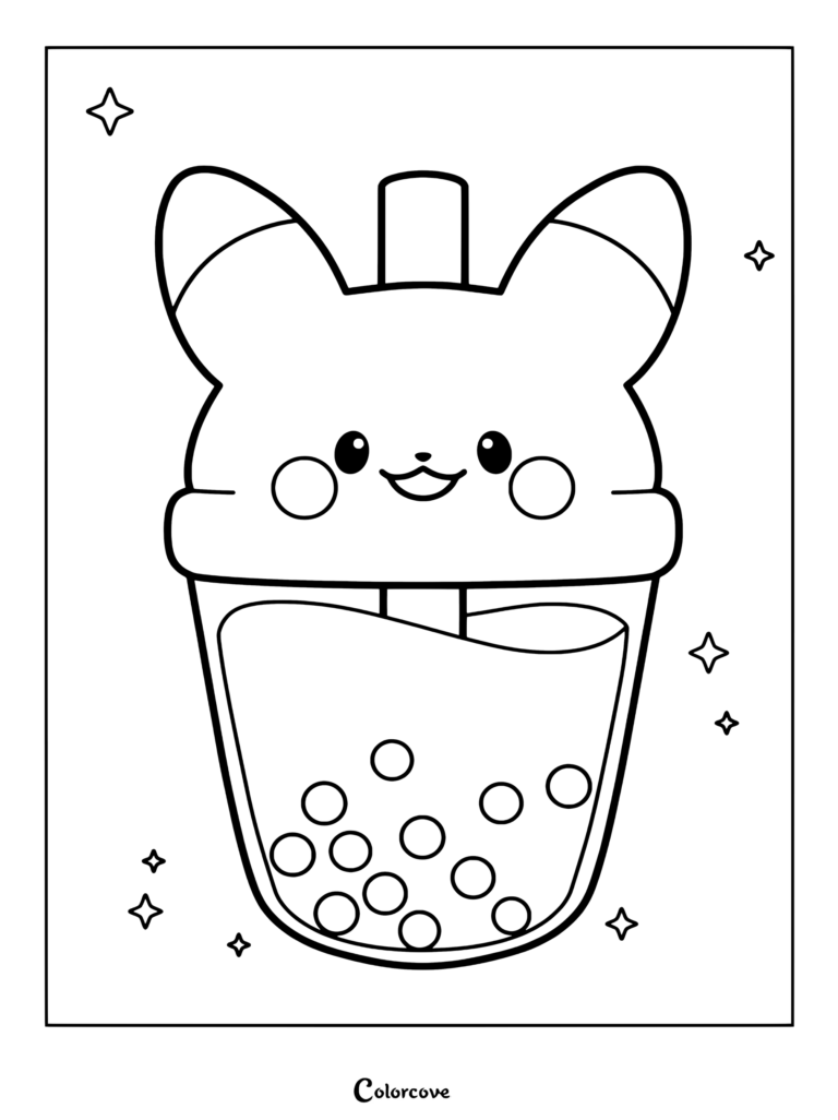 Dibujo para colorear de un tierno vaso de té de boba con forma de Pikachu, con pajita rosa y perlas de tapioca.