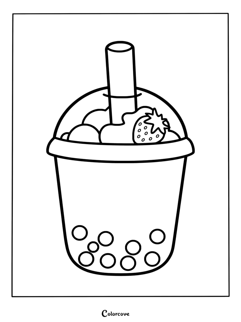Dibujo para colorear de un lindo vaso rosa de té de boba de fresa con pajita y perlas de tapioca, con tapa de cúpula y perlas de tapioca en el fondo.