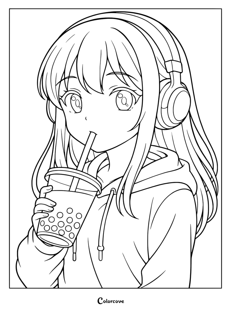 Dibujo para colorear de una chica anime pelirroja con auriculares azules bebiendo té de boba con una sudadera rosa con capucha.