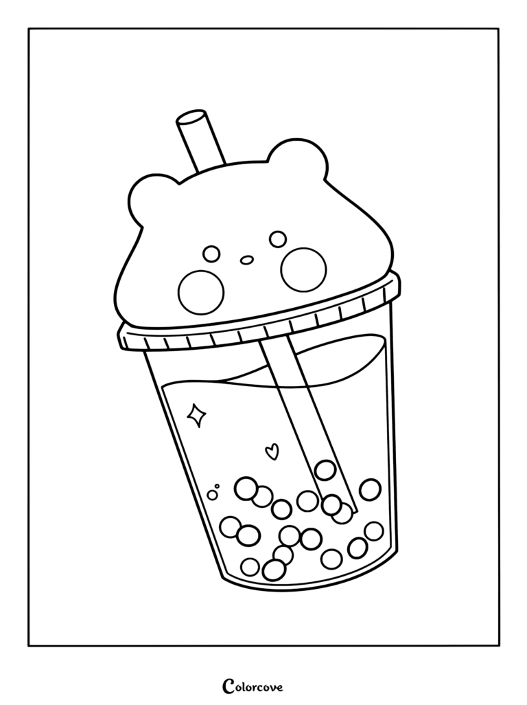 Dibujo para colorear imprimible de un tierno vaso de té de boba con forma de oso blanco, con pajita y perlas de tapioca.