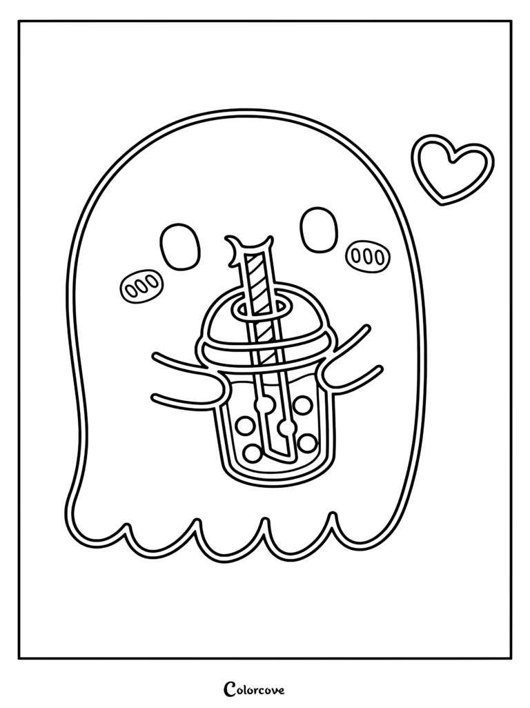 Dibujo para colorear de un tierno fantasma blanco sosteniendo y bebiendo té de boba con una pajita rosa y un corazón.