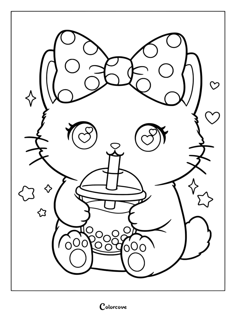 Dibujo para colorear gratis de una linda gatita blanca kawaii con lazo de lunares bebiendo té de boba.