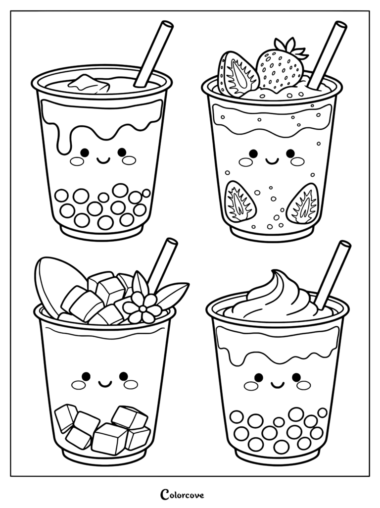 Un dibujo para colorear con cuatro tiernas pegatinas kawaii de té de boba de sabores chocolate, fresa, mango y matcha, con caritas felices y pajitas.