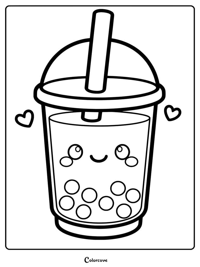 Dibujo para colorear de un tierno vaso kawaii de té con leche de boba con carita sonriente, pajita rosa, perlas de tapioca y corazones flotantes.