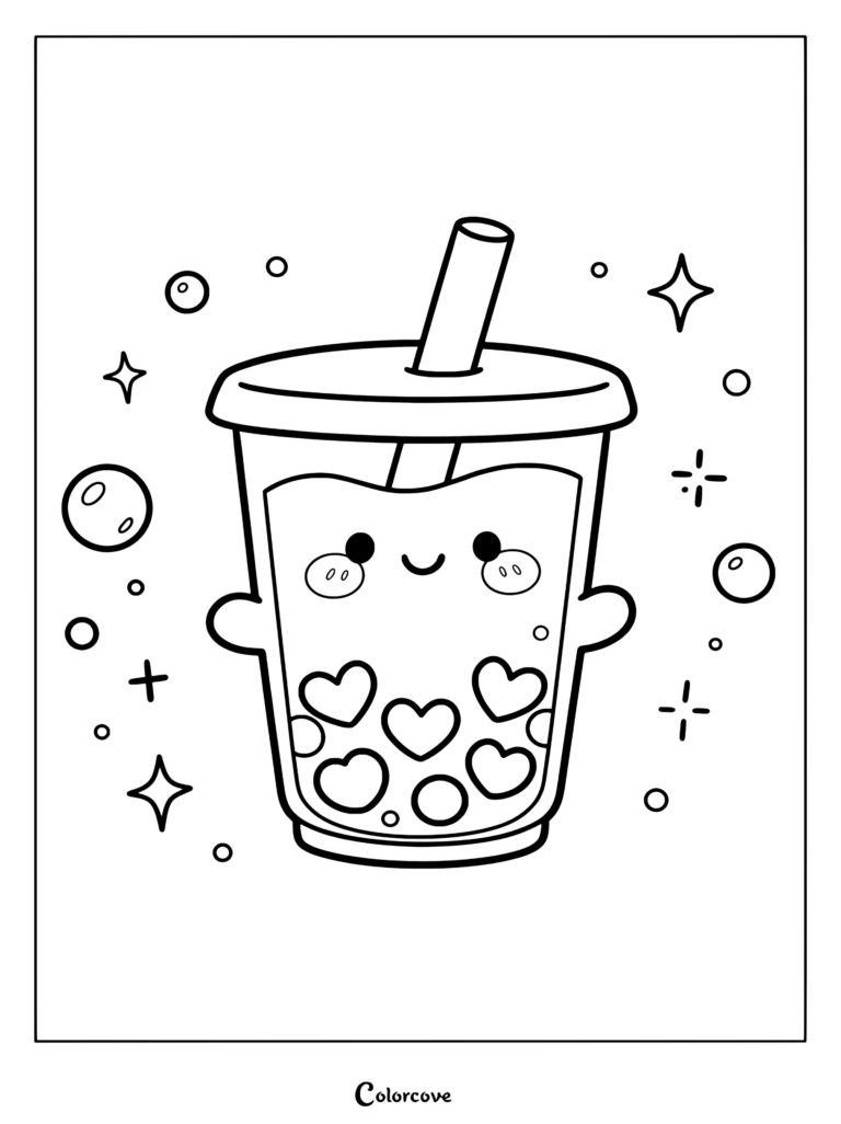 Dibujo para colorear imprimible de un tierno vaso kawaii de té de boba con carita sonriente, pajita rosa y perlas con forma de corazón flotando alrededor.