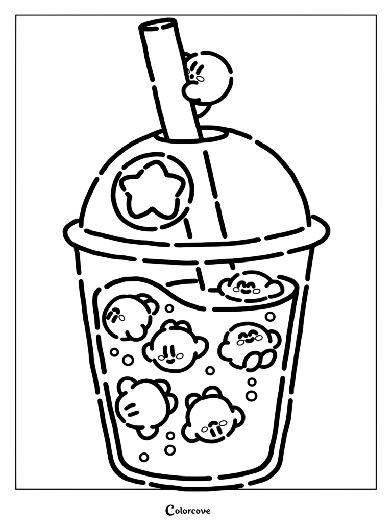 Dibujo para colorear de personajes de Kirby flotando dentro de un vaso de té de boba con una pajita.