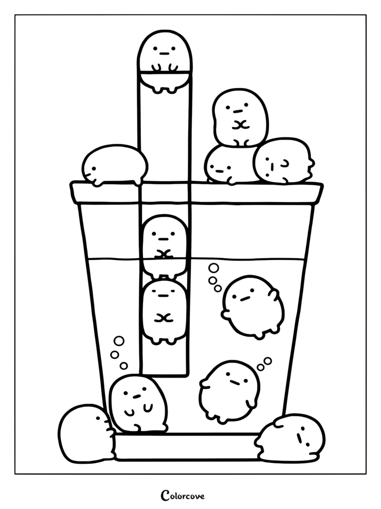 Dibujo para colorear de personajes de Sumikko Gurashi apilados dentro y encima de un vaso de té con leche de boba.