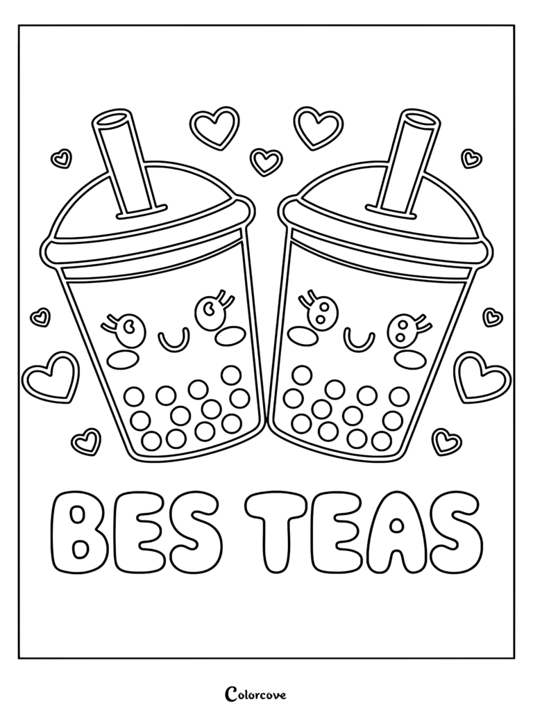 Dibujo para colorear de dos tiernos vasos kawaii de té de boba con caritas abrazándose, corazones y el texto «bes teas».